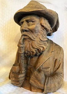 Black Forest Wood Hand-Carved Bust of German Man Smoking Pipe Heavy 5.4 lbs 12" - Picture 1 of 8