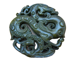 VINTAGE DARK GREEN JADE CARVED DRAGON/PHOENIX  NECKLACE PENDANT - Picture 1 of 10