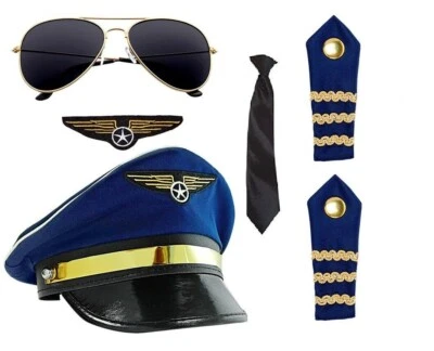 Juego de Piloto Sombrero de Aviador Gorra Corbata Insignia Gafas Charreteras Tripulación Capitán Elegante Vestido Foto 1 de 3