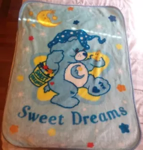 Vintage Care Bears Sweet Dreams Bedtime Bear Toddler Baby Blanket Blue Fuzzy - Picture 1 of 2