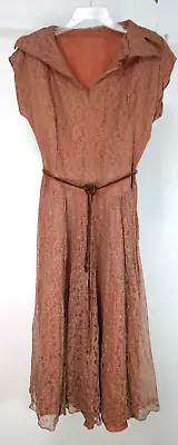 Vintage Dress Women's XS S Small 1940s Lace Velvet Belt Cap Sleeves Brown Party - Image 1 of 4
