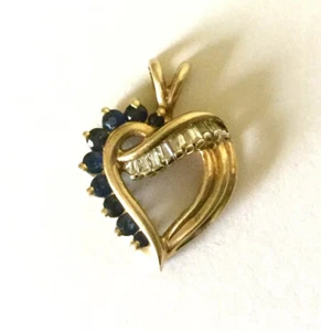 10 K SOLID YELLOW GOLD LADIES HEART PENDANT BAGUETTES DIAMONDS AND SAPPHIRES - Picture 1 of 7
