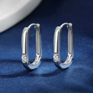 2mm Real Moissanite Diamond Oval Hoop Earrings for Women 18K White Gold Plated - Picture 1 of 11