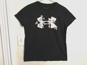 Under Armour Heatgear Womens Shirt L Black Floral Loose Logo Top Short Sleeve - Picture 1 of 5