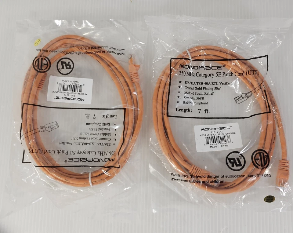 2 Cat5e Ethernet Patch Cables, RJ45 350Mhz UTP  24AWG 7ft Orange,Gold Plated NEW - Image 1 of 3