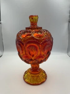 L E Smith Mond & Sterne Amberina Deckel Standfuß Süßigkeitenschale mit Cadmium leuchtet 8 Zoll - Bild 1 von 6