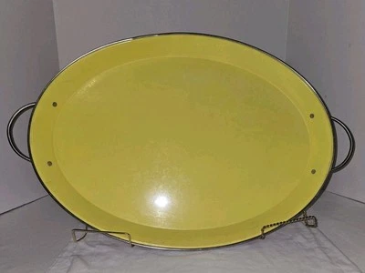  Vintage Serving Tray Yellow With Salmon Pink  Back Metal Large With Handles  - Image 1 of 4
