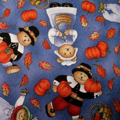 Timeless Treasures Fabric Gobble Thanksgiving Teddy Bears 1 Yard Cotton Vtg 2001 - Image 1 of 4