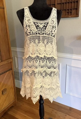 Camiseta sin mangas vintage de los años 90 tejida malla de encaje camiseta larga cubierta crema vieira boho talla S Foto 1 de 4