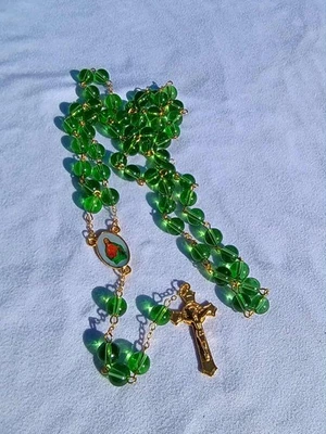 Emerald Light – 8mm Translucent Green Glass Rosary with Gold Crucifix    A47 - Image 1 of 4