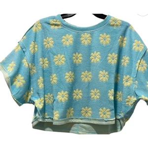 Oli & Hali Blue Clouds Daisy Printed Terry Short Sleeve Crop Top (Size L) - Picture 1 of 1