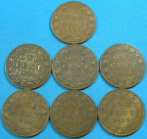 Canada Large Cent Lot of 7 Coins all dated 1909 Edward VII, Combined Shipping - Picture 1 of 5