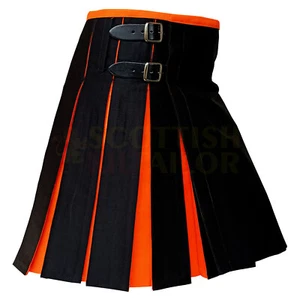 Falda escocesa utilitaria hecha a mano para hombre estilo tartán negra con naranja utilitaria híbrida falda escocesa - Imagen 1 de 7