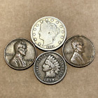 Old Us Coin Lot 4 Coins 1800S Indian Head Penny, Liberty V Nickel, Wheat Cents