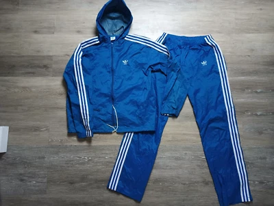 Terno Adidas década de 1980 náilon corta-vento capa de chuva hip hop 3 listras trevo azul M/G - Imagem 1 de 4