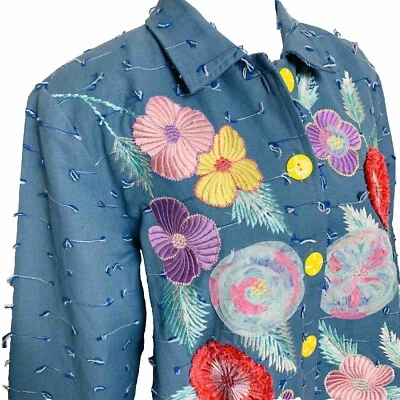 Chaqueta Bordada Floral Luna Índigo De Colección Talla L Coastal Granny Cottage Core Boho Foto 1 de 4