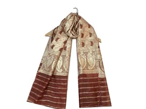Om Vintage Dupatta Art Silk Brocade Woven Brown Stole Scarves Hijab AD-1527 - Picture 1 of 12
