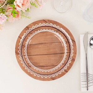 25 Brown 7 in Wood Print Floral Lace Disposable Salad Dinner Paper PLATES Party - Picture 1 of 8