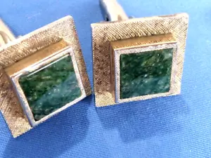 VINTAGE STAMPED STERLING T 2 GOLD TONE STERLING JADE MEN'S CUFF LINKS - Picture 1 of 9
