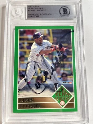 1992 Fleet team leaders #5 Kirby Puckett Twins Autographed Beckett BAS Signed - Image 1 of 3