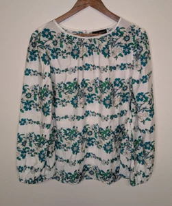 Lane Bryant Sz 16 Peasant Top White Floral Kelly Green Boho Cottage Lightweight - Picture 1 of 10