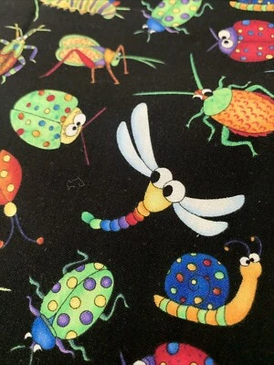 Cute Colorful BUGS ON BLACK COTTON FABRIC  1.5 Yds Northcott Rainforest Buzz - Image 1 of 4