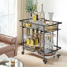 2er Rolling Serving Bar Cart Marble & Tempered Glass Kitchen Island Storage Cart