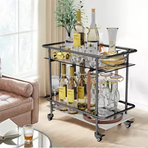 2er Rolling Serving Bar Cart Marble & Tempered Glass Kitchen Island Storage Cart - Picture 1 of 12
