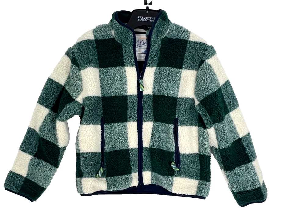 NUEVO CON ETIQUETAS J. Chaqueta Sherpa Crew Niños Niños Grande 10-11 Verde Blanco A Cuadros Piel Sintética Cremallera Foto 1 de 4