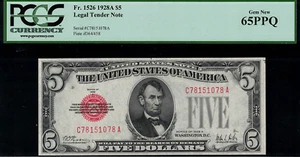 1928A $5 Legal Tender FR-1526 - Graded PCGS 65PPQ - Gem Uncirculated - Picture 1 of 2