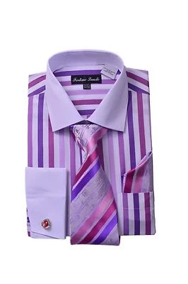 Camisa para hombre rayas audaces con corbata y pañuelo color a juego ojos de gato gemelos FL629  Foto 1 de 2