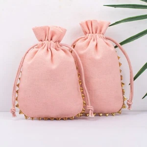 100Pcs wedding Favor Peach Round Gota Lace Drawstring Cotton Coin Pouch 8x10Inch - Picture 1 of 6