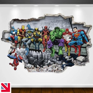 SUPERHEROES ON BEAM Wandaufkleber Vinyl Aufkleber Wandbild Poster lustige Parodie - Bild 1 von 2