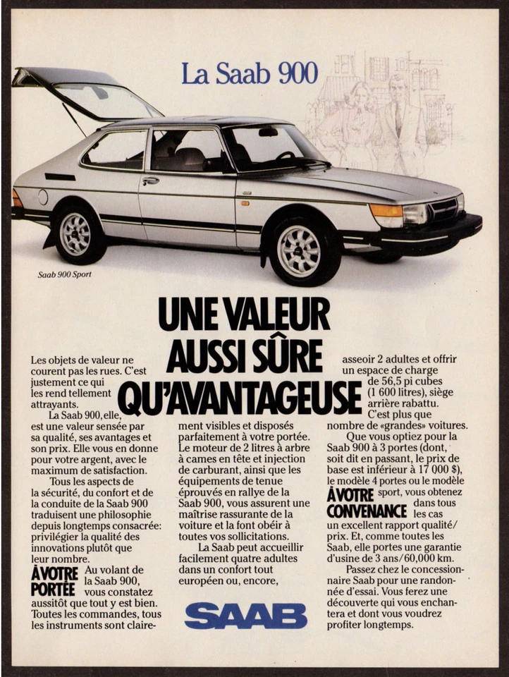 1986 SAAB 900 Sport Vintage Original Print AD - White car photo French Canada - Image 1 of 1