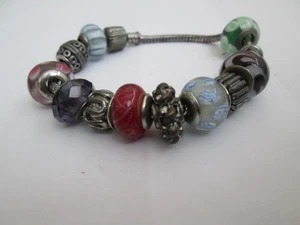 SILVER COLOURED SNAKE CHAIN BRACELET WITH MULTICOLOURED BEAD CHARMS - Picture 1 of 3