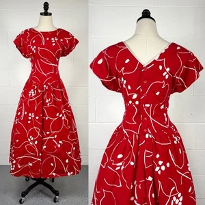 Vintage 80s Lanz Red White Floral Cotton Tea Dress Basque Waist Back Buttons 12 - Picture 1 of 15