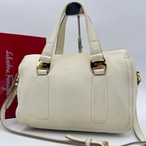 Salvatore Ferragamo Vara 2way Shoulder Bag Handbag Leather Ivory Free Shipping - Picture 1 of 15