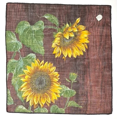 Vtg Hankie Handkerchief Stoffels Sunflowers Brown Bkgrd Rolled Edges Switzerland - Image 1 of 4