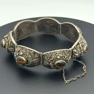 Vintage Silber filigran Armband mit Tigerauge Cabochons & Sicherheitskette 7" (SPa) - Bild 1 von 7