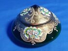 Vintage Hand Painted Floral Bohemian Green Glass Trinket Dish with Lid