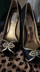 Badgley Mischka Black Peep Toe High Heels Gold Black 4.5" Heel Sz 10 Nye Shoes - Picture 1 of 4