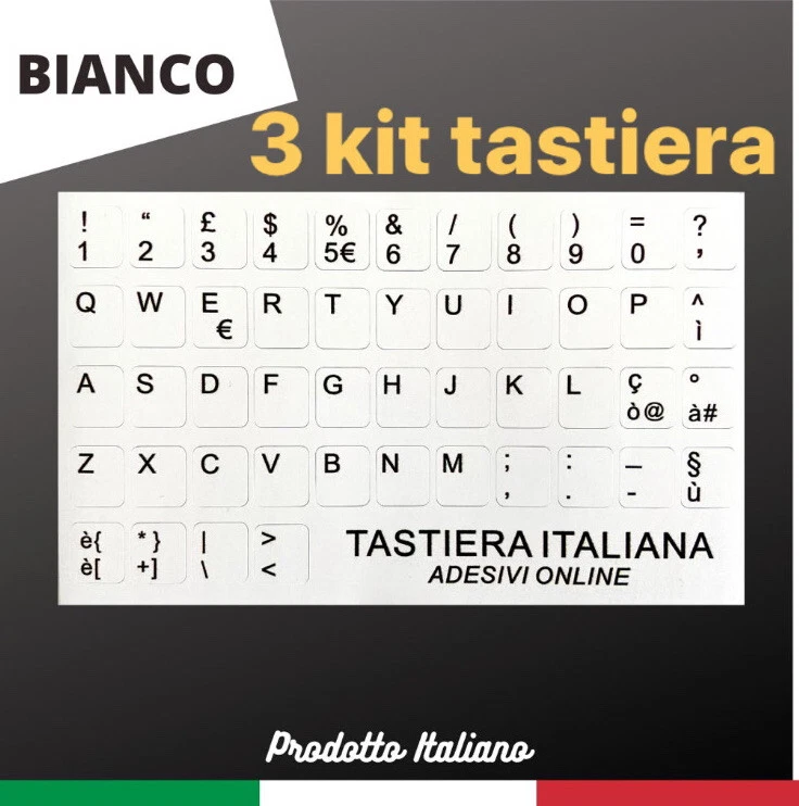 Adesivi per Tastiera Italiana (3 Kit) Fondo Bianco Lettere Nere Per PC Notebook - Immagine 1 di 1