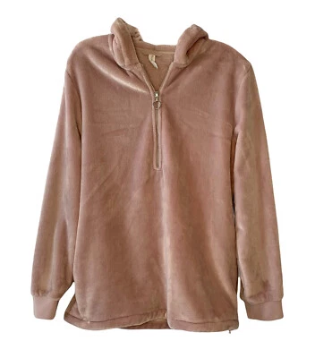 Ideology Pink Soft Faux-Fur Velour Quarter-Zip Pullover Hooded Sweatshirt Size M - Image 1 of 4