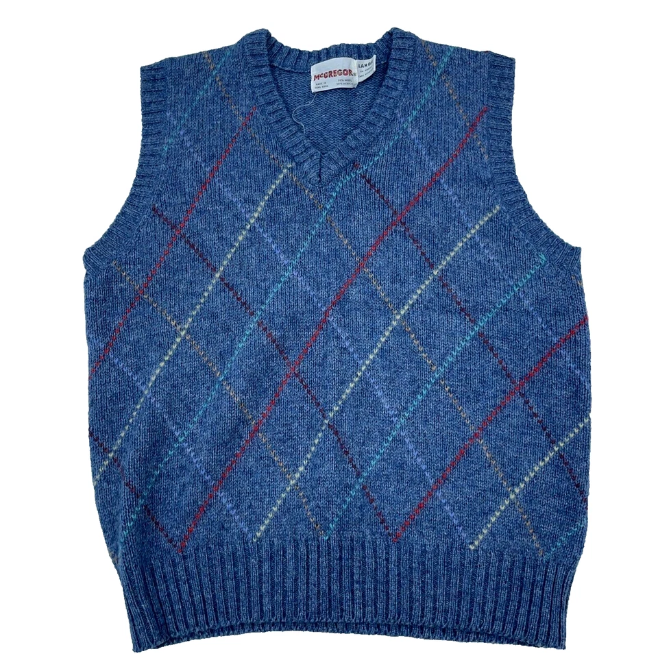 Chaleco Suéter McGregor Vintage Hombres Grande Azul Mezcla Lana Cuello en V Abuelo Años 90 Foto 1 de 4