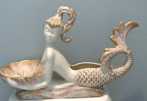 Royal Haeger Mid Century Gold Tweed 23” Ceramic Mermaid Centerpiece Planter - Picture 1 of 16