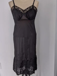 Vintage 60s Vanity Fair Black Nylon Tricot & Lace Slip dress 8" Lace Hem Sz 32 - Picture 1 of 11