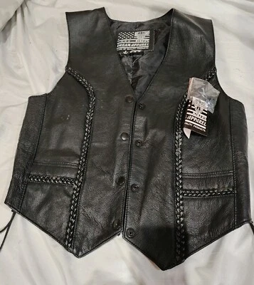 NWT USA Bikers Dream Apparel Women's Black Leather Vest Sm Straps Braided Grunge - Image 1 of 4