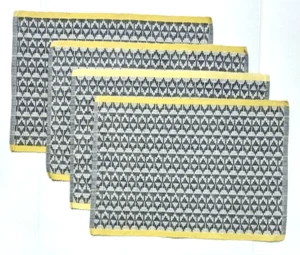Set of 4 Reversible Placemats Woven Gray & White Geometric Pattern Yellow Edges - Picture 1 of 4