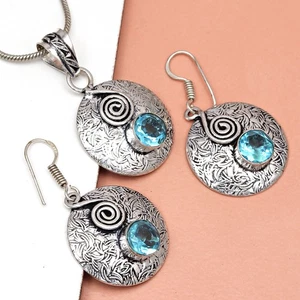 Blue Topaz London Set  Earrings Sterling  Earring Gemstone Gold Stud - Picture 1 of 9