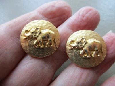ANTIQUE VINTAGE OLD GOLD TONE LUCKY ELEPHANT TRUNK UP BUTTONS PAIR RE PURPOSE UK - Image 1 of 4